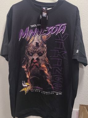 New Era Minnesota Vikings Black Graphic Tee with Purple and Gold Accents